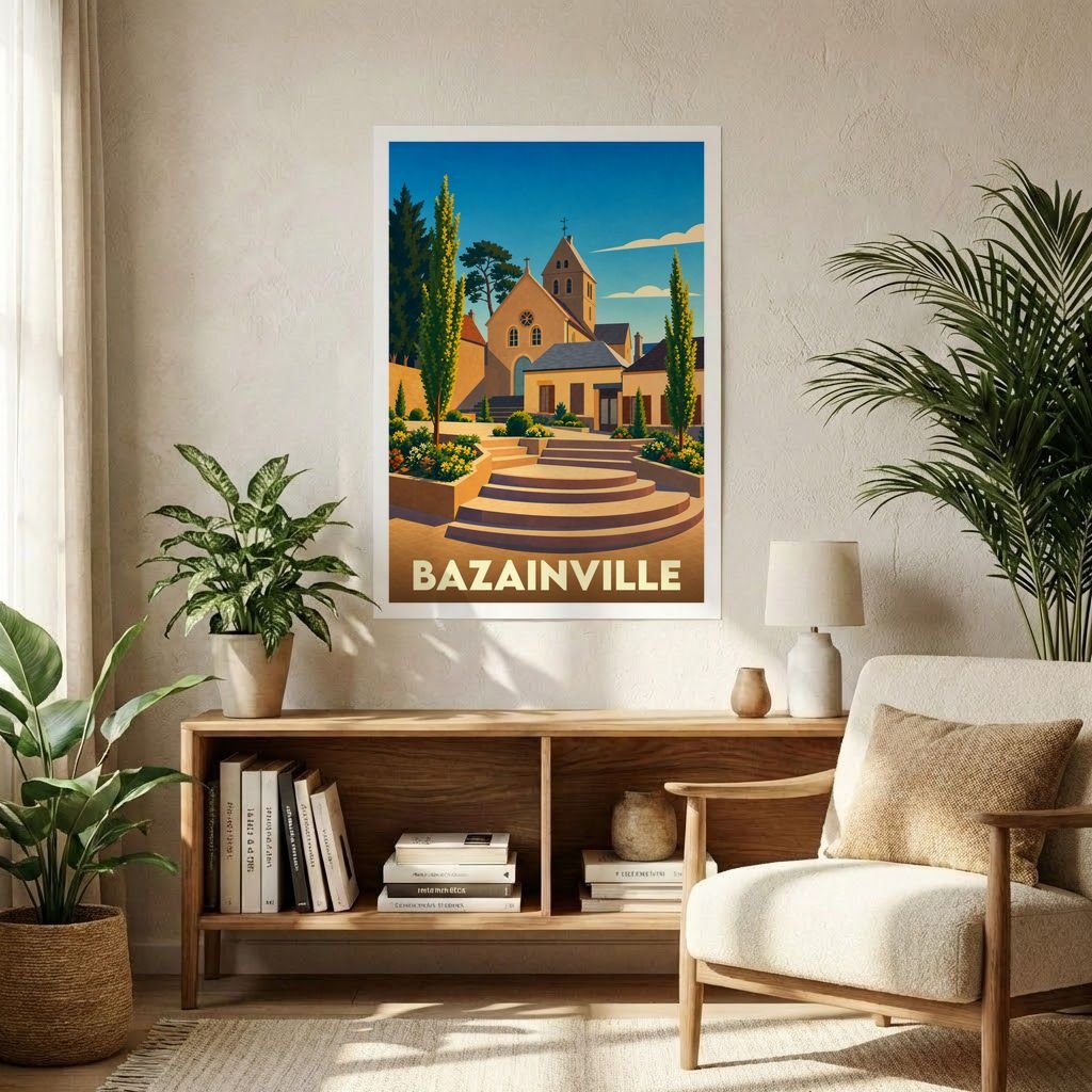Affiche souvenir de la ville de Bazainville avec une illustration stylisée de son église et de ses paysages.