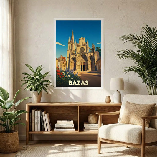 Affiche souvenir de la ville de Bazas avec une illustration stylisée de sa cathédrale gothique.
