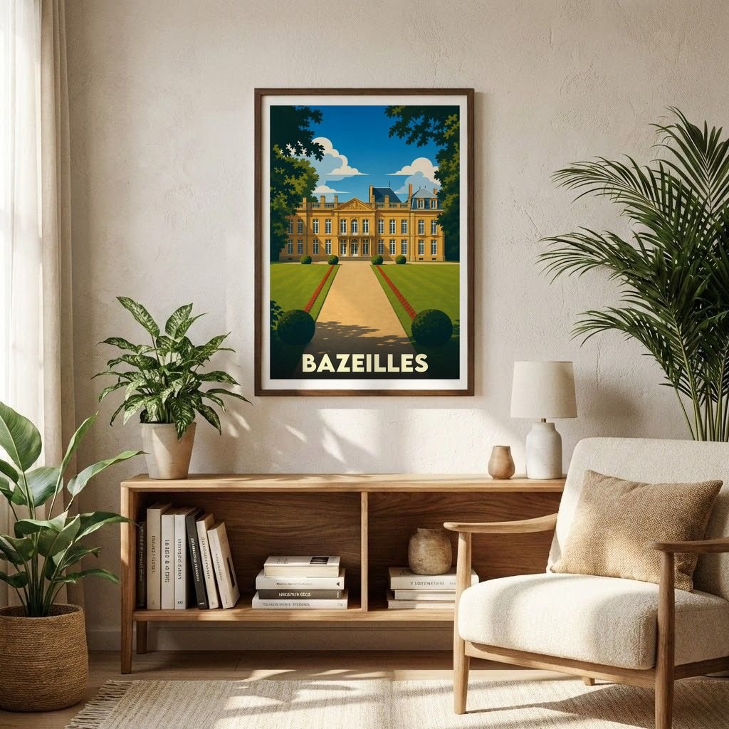 Affiche souvenir de la ville de Bazeilles représentant une illustration stylisée de son château.