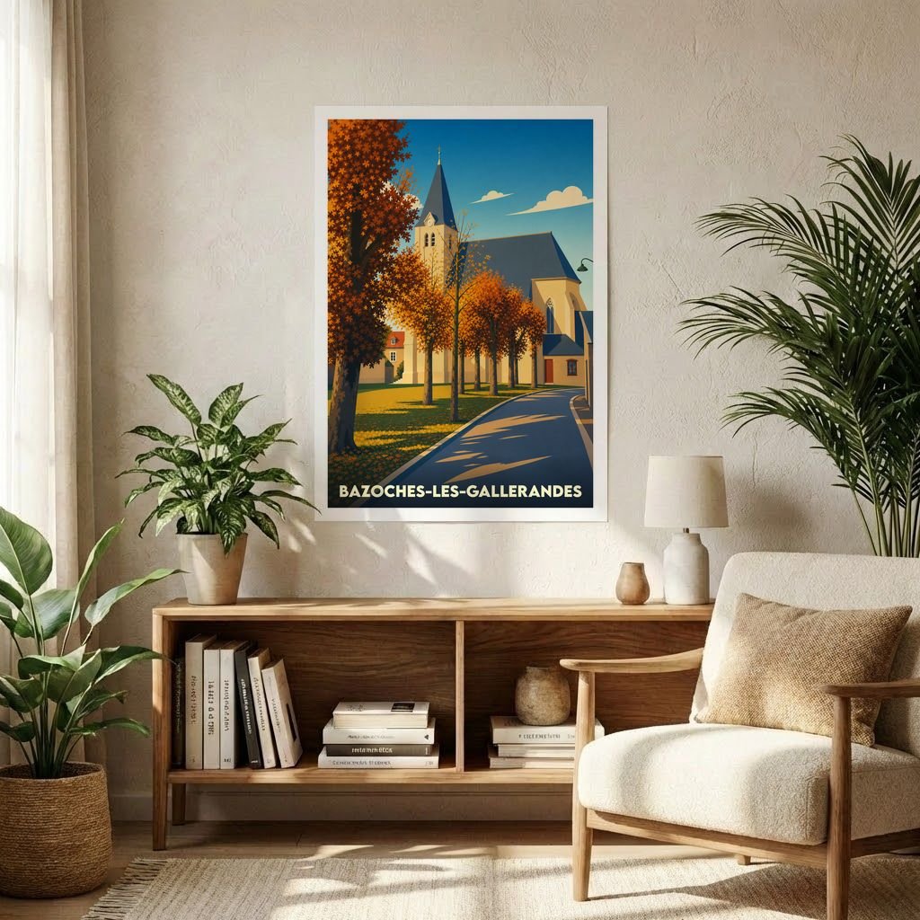 Affiche souvenir de la ville de Bazoches-les-Gallerandes avec une illustration stylisée d'une église en automne.