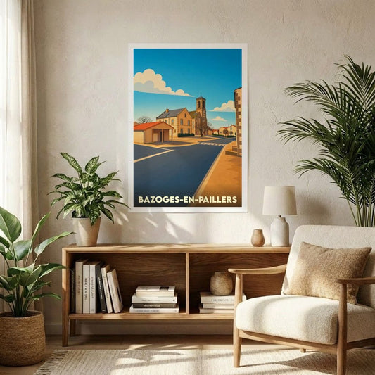 Affiche souvenir de la ville de Bazoges-en-Paillers avec une illustration stylisée.