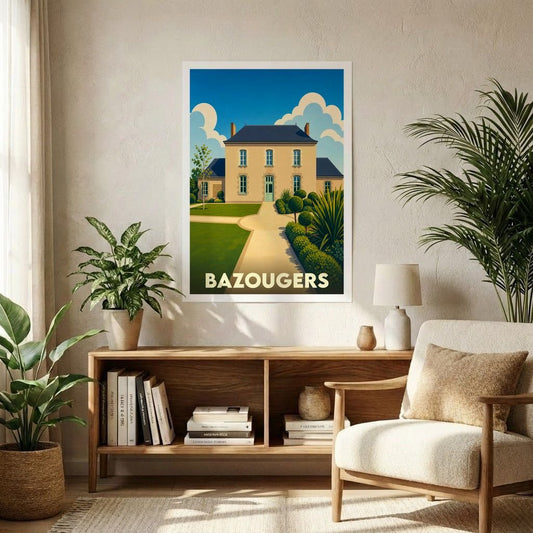 Affiche souvenir de la ville de Bazougers avec une illustration stylisée d'une maison de maître et son jardin.