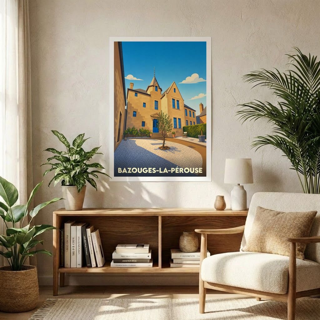 Affiche souvenir de la ville de Bazouges-la-Pérouse avec une illustration stylisée d'une demeure historique sous un ciel bleu.