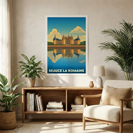 Affiche souvenir de la ville de Beauce la Romaine représentant le château de Chambord et son reflet sur l'eau dans un style graphique épuré.