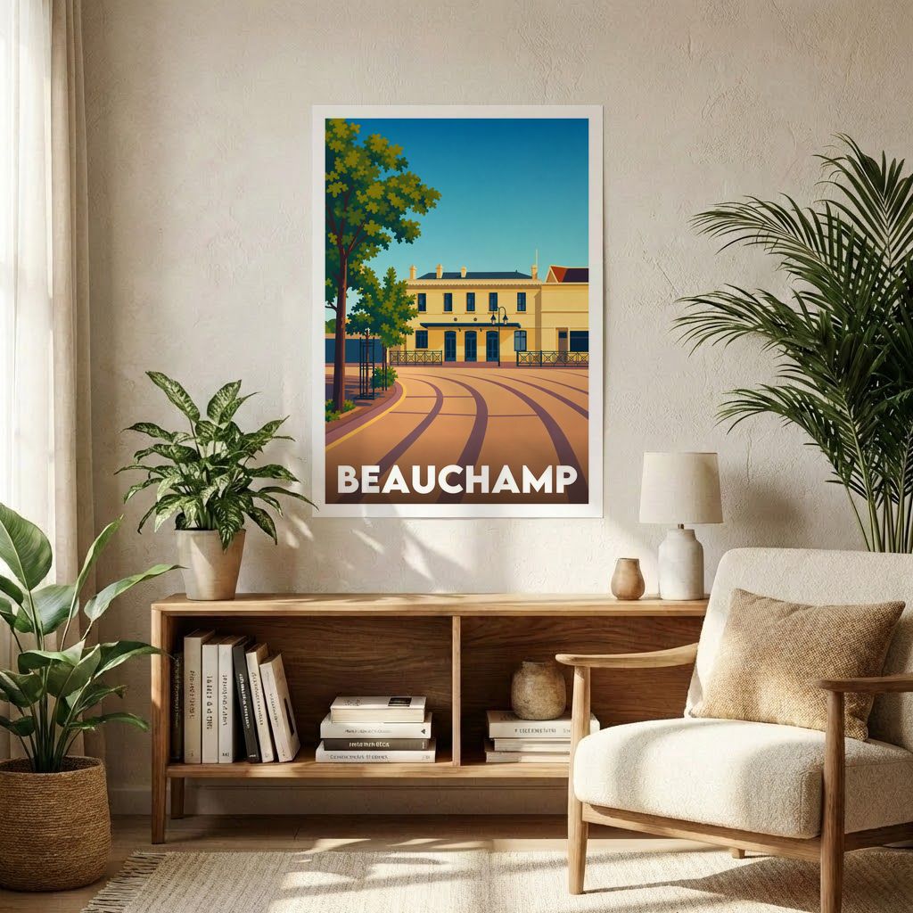 Affiche souvenir de la ville de Beauchamp avec une illustration stylisée.