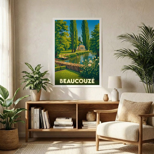 Affiche souvenir de la ville de Beaucouzé avec une illustration stylisée d'un parc paysager au bord de l'eau.