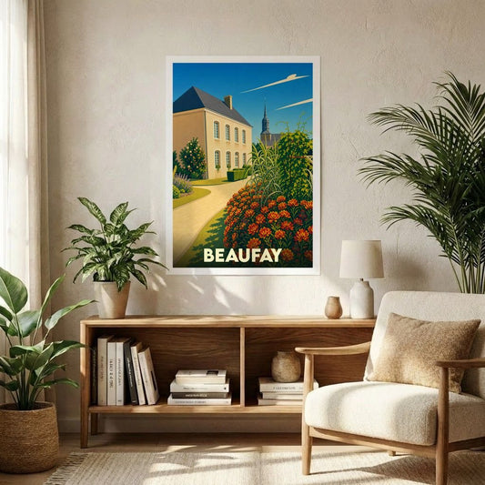 Affiche souvenir de la ville de Beaufay avec une illustration colorée et stylisée d'un paysage urbain fleuri.