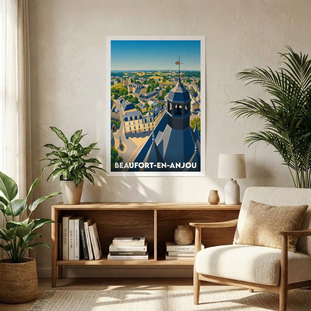 Affiche souvenir de la ville de Beaufort-en-Anjou avec une illustration stylisée vue d'en haut.