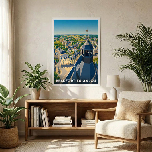 Affiche souvenir de la ville de Beaufort-en-Anjou avec une illustration stylisée vue d'en haut.