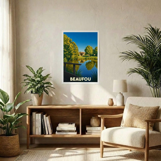 Affiche souvenir de la ville de Beaufou représentant un paysage bucolique avec un étang.
