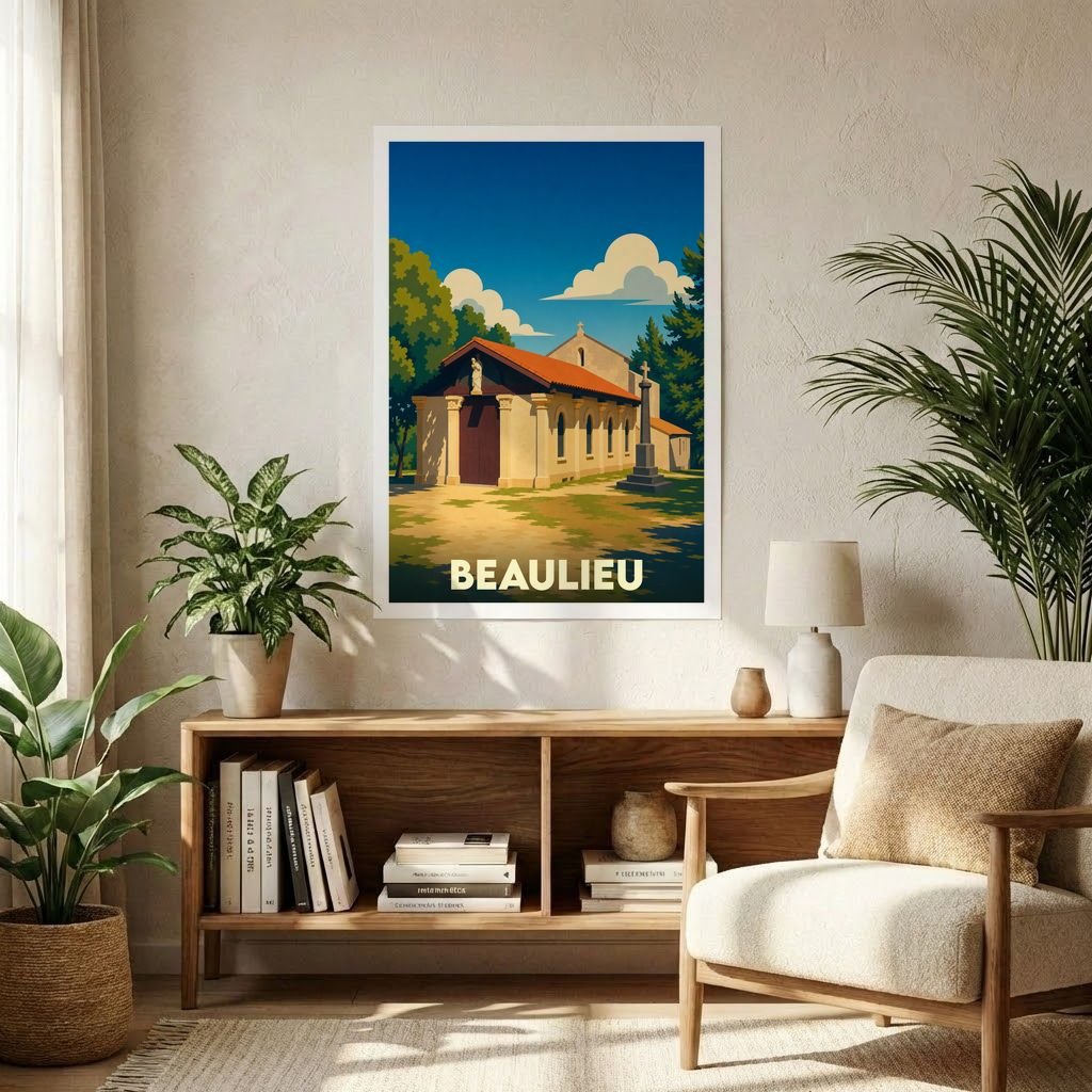 Affiche souvenir de la ville de Beaulieu avec une illustration stylisée d'une église sous un ciel bleu.