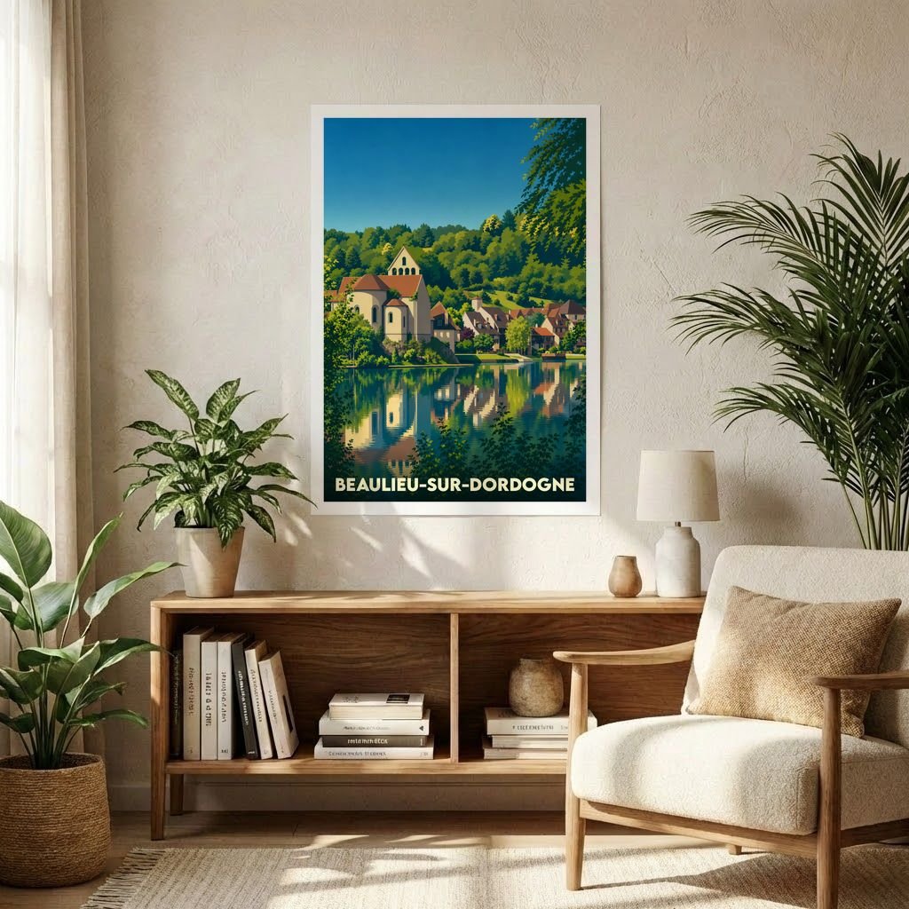 Affiche souvenir de la ville de Beaulieu-sur-Dordogne avec une illustration stylisée d'un paysage fluvial.