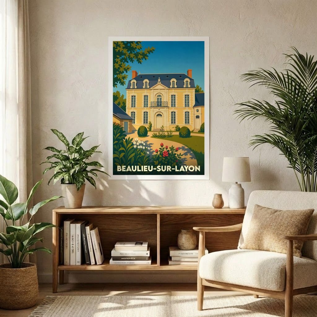 Affiche souvenir de la ville de Beaulieu-sur-Layon présentant une illustration stylisée d'un château majestueux dans un cadre verdoyant.
