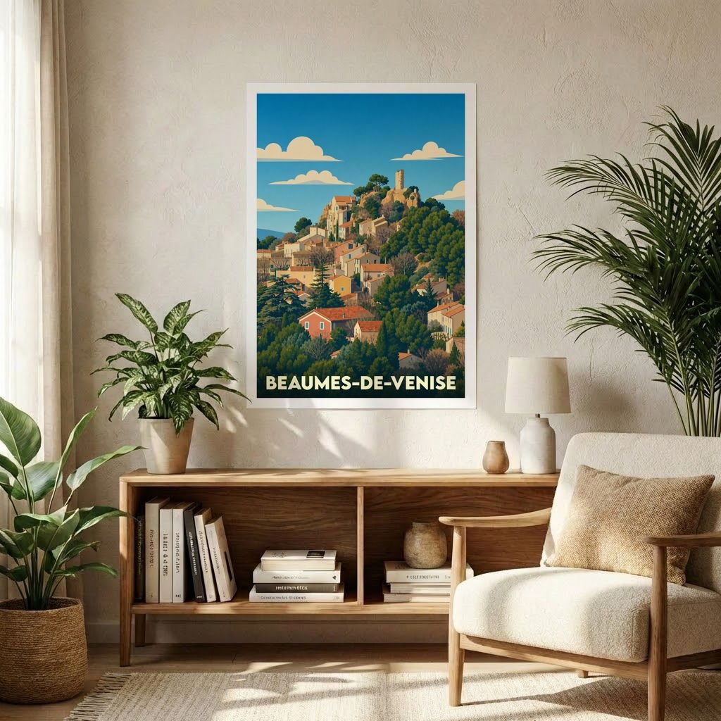 Affiche souvenir de la ville de Beaumes-de-Venise avec une illustration stylisée d'un village perché.