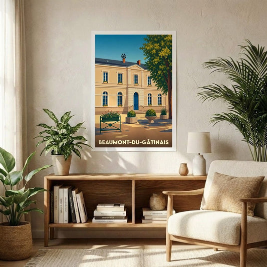 Affiche souvenir de la ville de Beaumont-du-Gâtinais avec une illustration stylisée de son architecture.