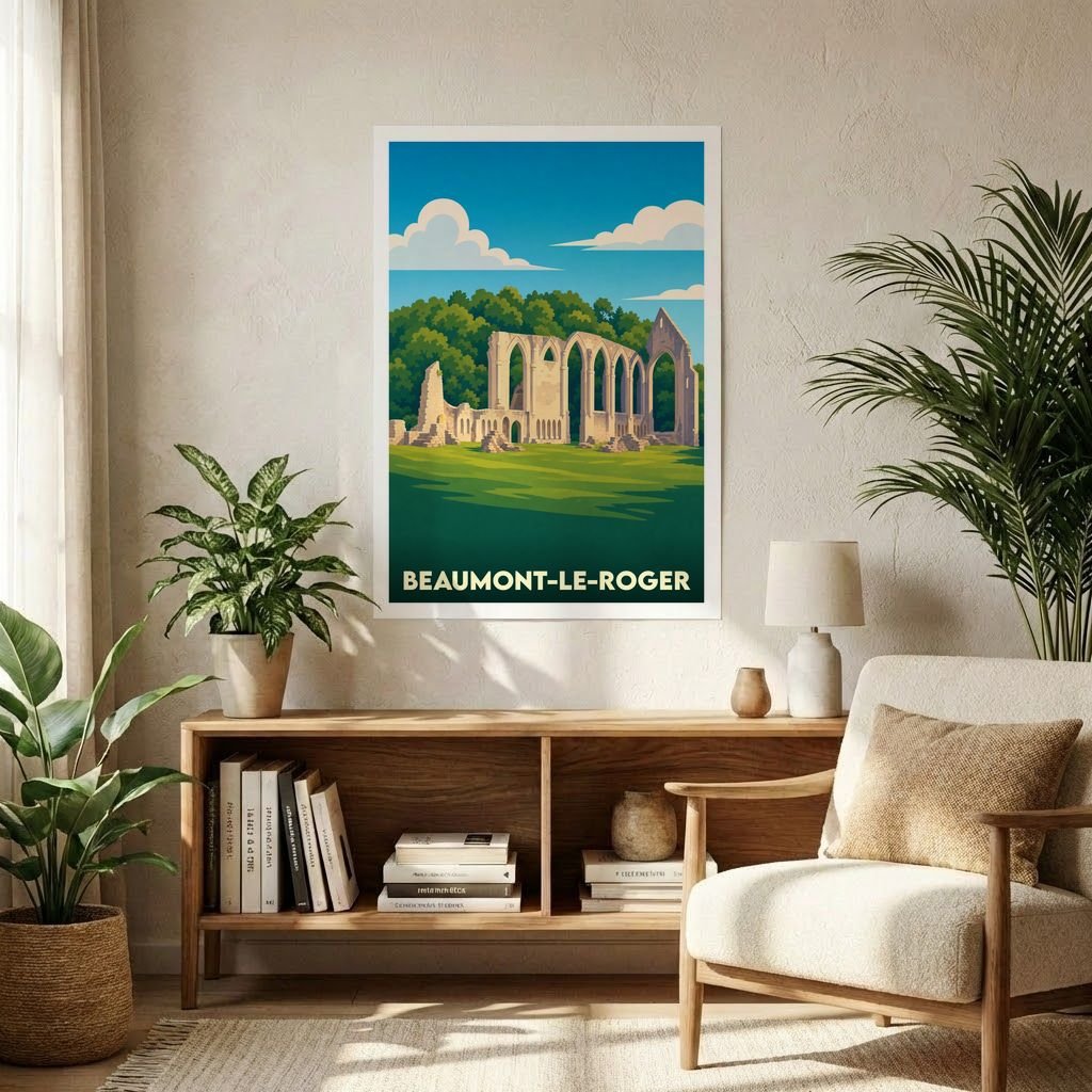 Affiche souvenir de la ville de Beaumont-le-Roger représentant les ruines de son prieuré dans un style graphique épuré.