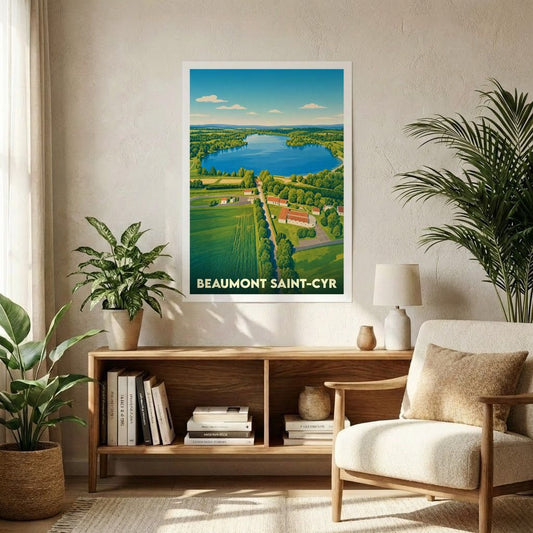 Affiche souvenir de la ville de Beaumont Saint-Cyr présentant une illustration stylisée de son lac et de ses paysages verdoyants.