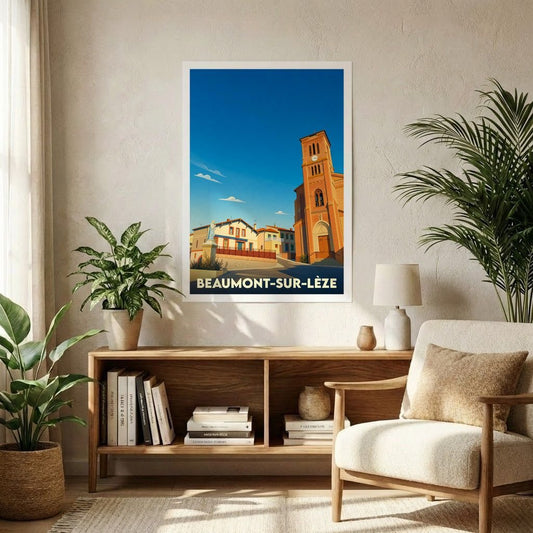 Affiche souvenir de la ville de Beaumont-sur-Lèze avec une illustration stylisée.