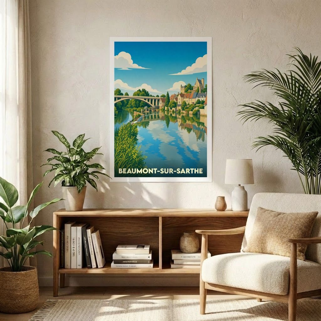 Affiche souvenir de la ville de Beaumont-sur-Sarthe avec une illustration stylisée d'un pont et de la rivière.