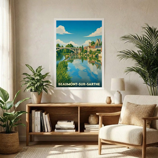 Affiche souvenir de la ville de Beaumont-sur-Sarthe avec une illustration stylisée d'un pont et de la rivière.