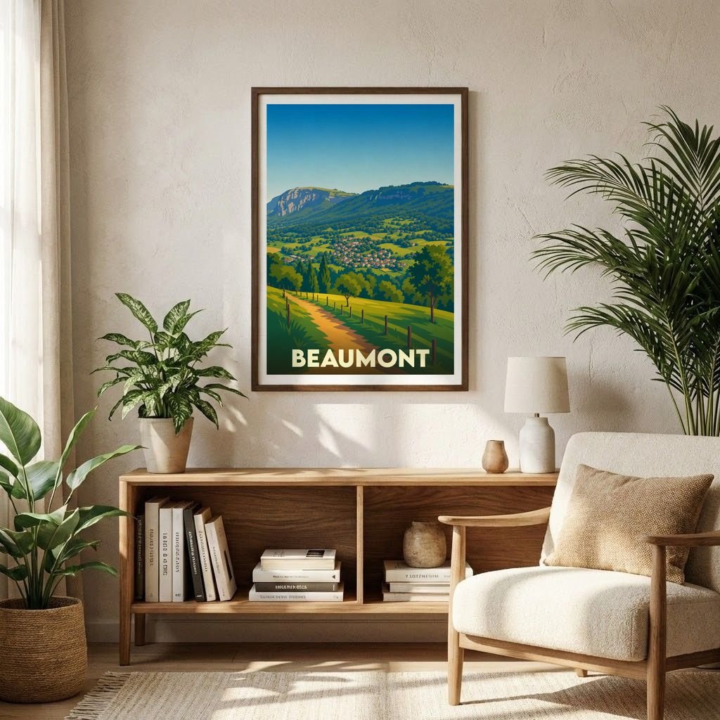Affiche souvenir de la ville de Beaumont avec une illustration paysagère stylisée.