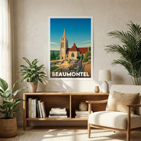 Affiche souvenir de la ville de Beaumontel avec une illustration stylisée.