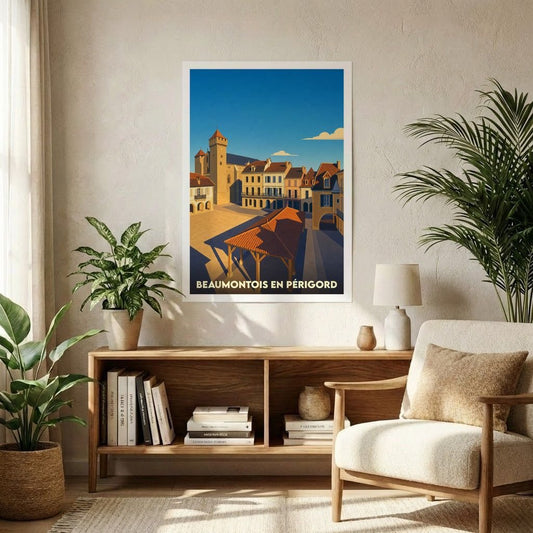 Affiche souvenir de la ville de Beaumontois en Périgord avec une illustration stylisée de sa place centrale.