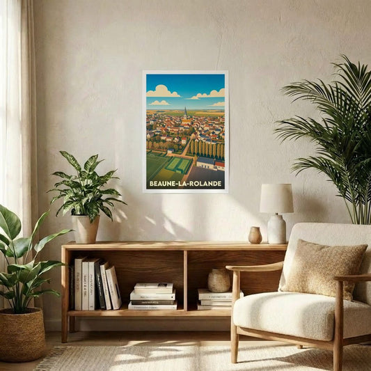 Affiche souvenir de la ville de Beaune-la-Rolande avec une illustration stylisée de son paysage urbain.