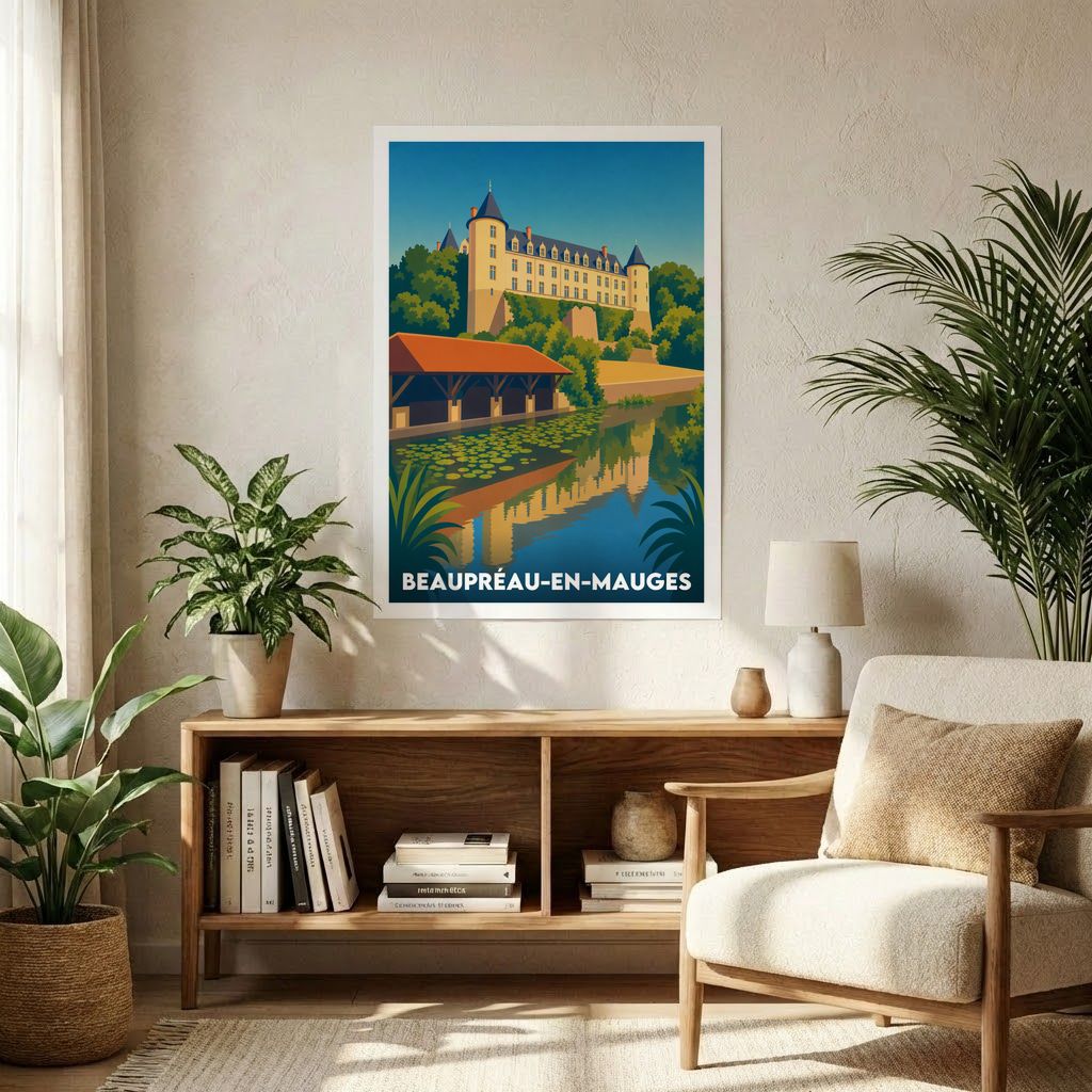 Affiche souvenir de la ville de Beaupréau-en-Mauges avec une illustration stylisée.