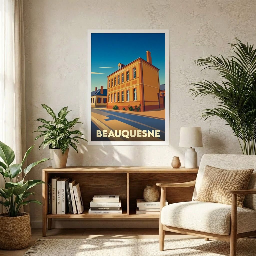 Affiche souvenir de la ville de Beauquesne avec une illustration stylisée d'un bâtiment emblématique sous un ciel bleu.