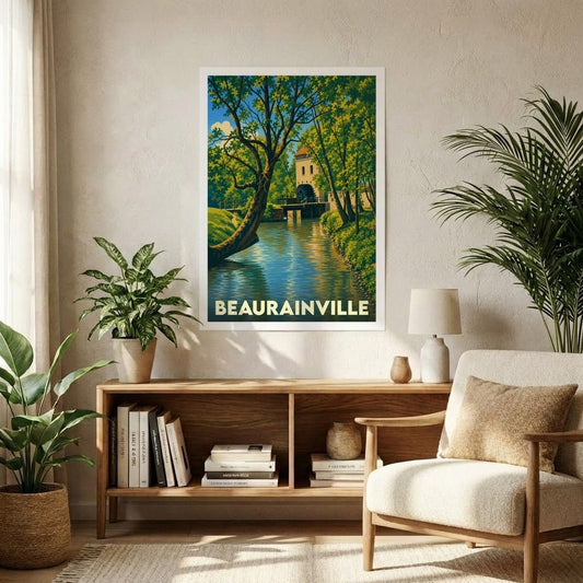 Affiche souvenir de la ville de Beaurainville avec une illustration stylisée d'un moulin au bord de l'eau.