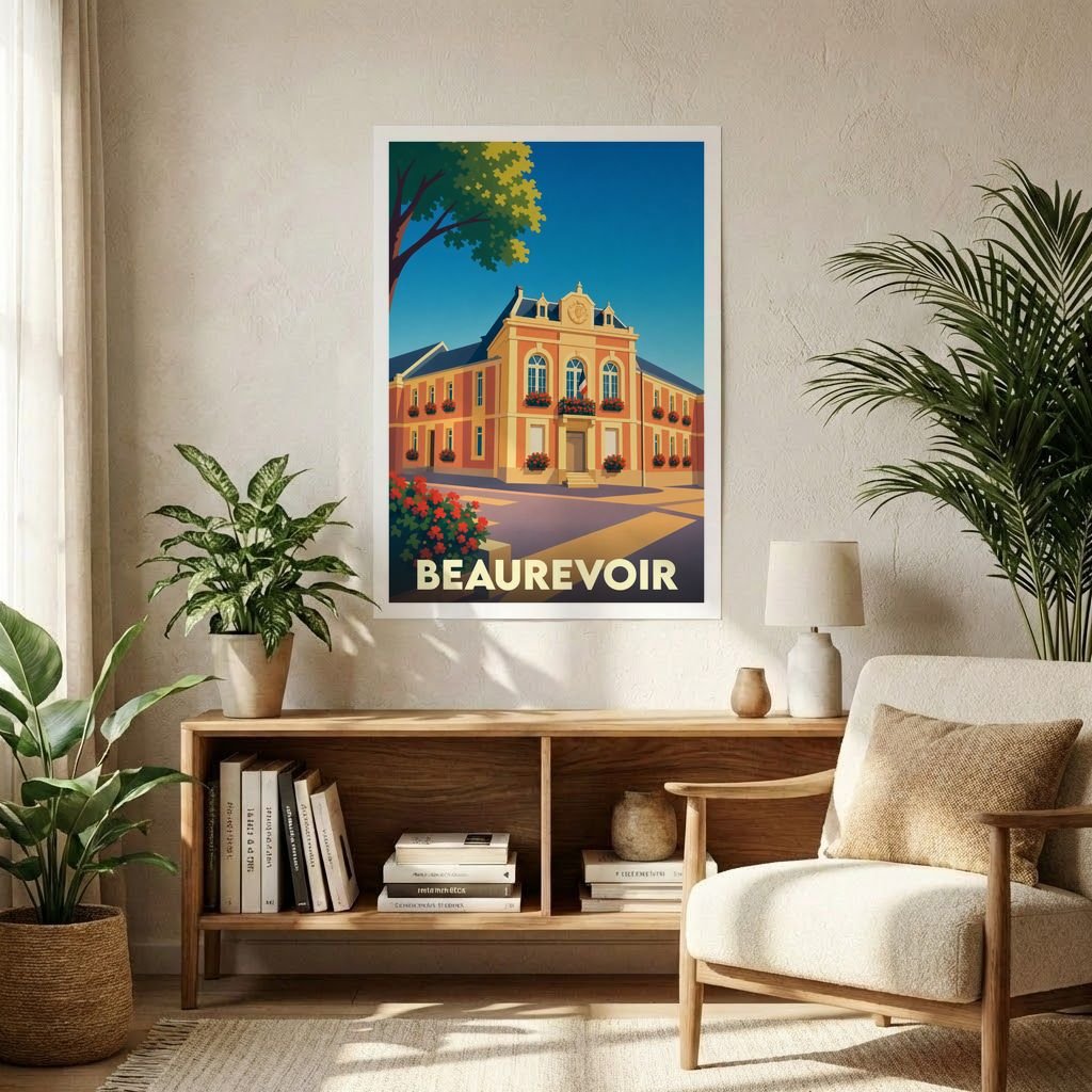 Affiche souvenir de la ville de Beaurevoir présentant une illustration stylisée de son hôtel de ville.