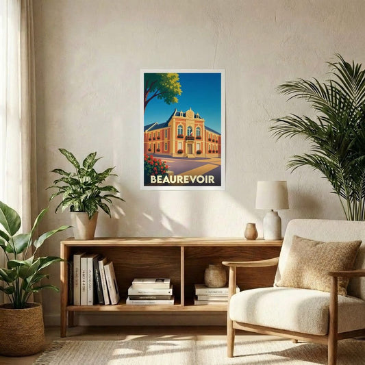 Affiche souvenir de la ville de Beaurevoir avec une illustration stylisée de son hôtel de ville.