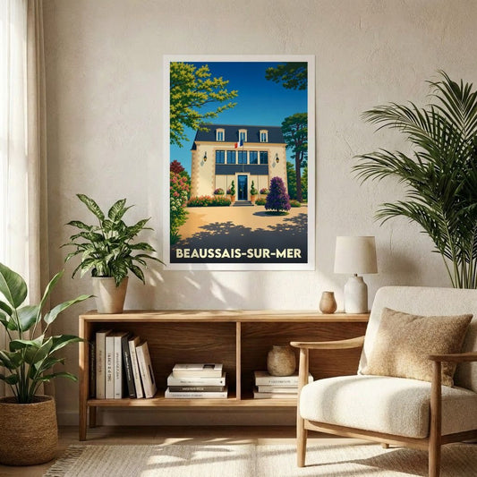 Affiche souvenir de la ville de Beaussais-sur-Mer avec une illustration stylisée d'une demeure bretonne.