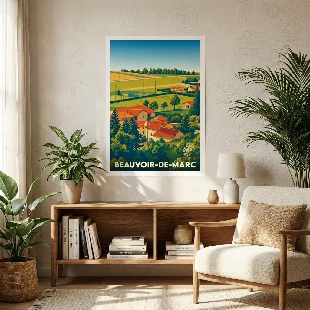 Affiche souvenir de la ville de Beauvoir-de-Marc avec une illustration paysagère stylisée.