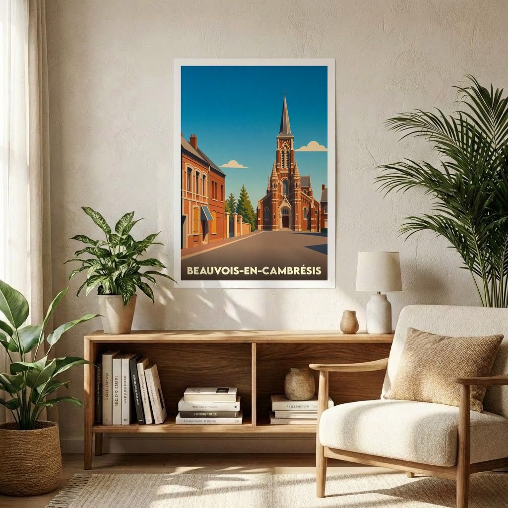 Affiche souvenir de la ville de Beauvois-en-Cambrésis avec une illustration stylisée de son église et de ses rues.