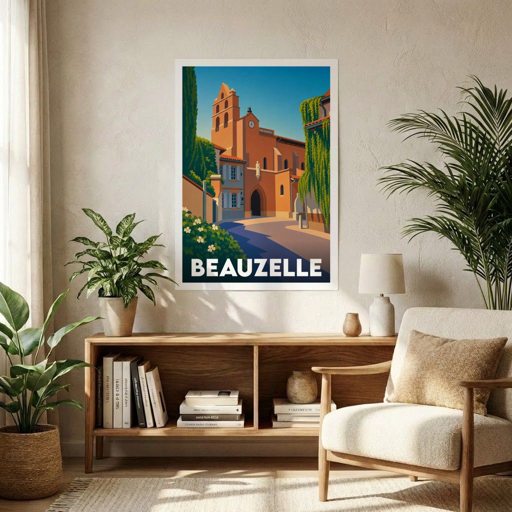 Affiche souvenir de la ville de Beauzelle avec une illustration stylisée de son église sous un ciel azur.