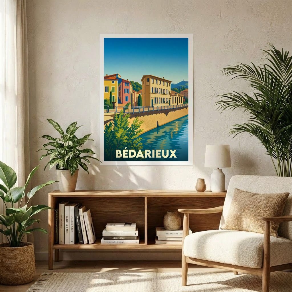 Affiche souvenir de la ville de Bédarieux avec une illustration stylisée d'un quai en bord de rivière.