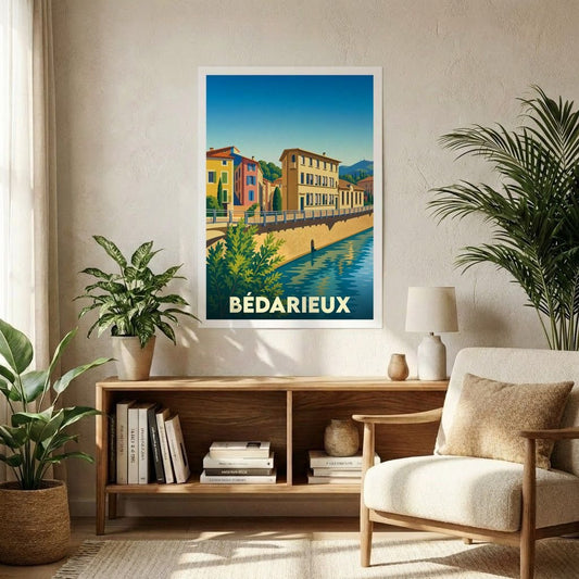 Affiche souvenir de la ville de Bédarieux avec une illustration stylisée d'un quai en bord de rivière.
