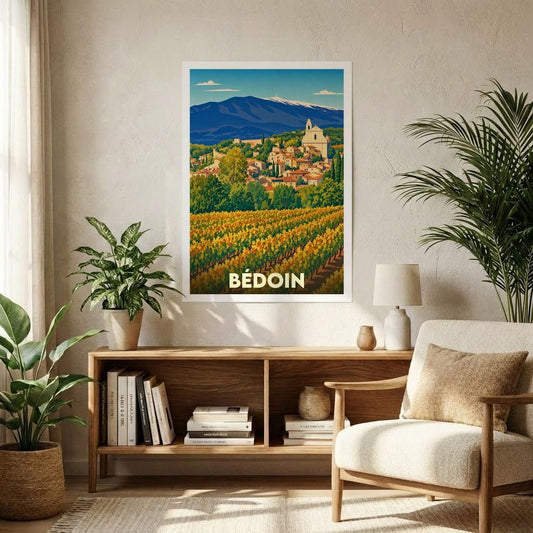 Affiche souvenir de la ville de Bédoin avec une illustration stylisée des vignobles et du mont Ventoux.