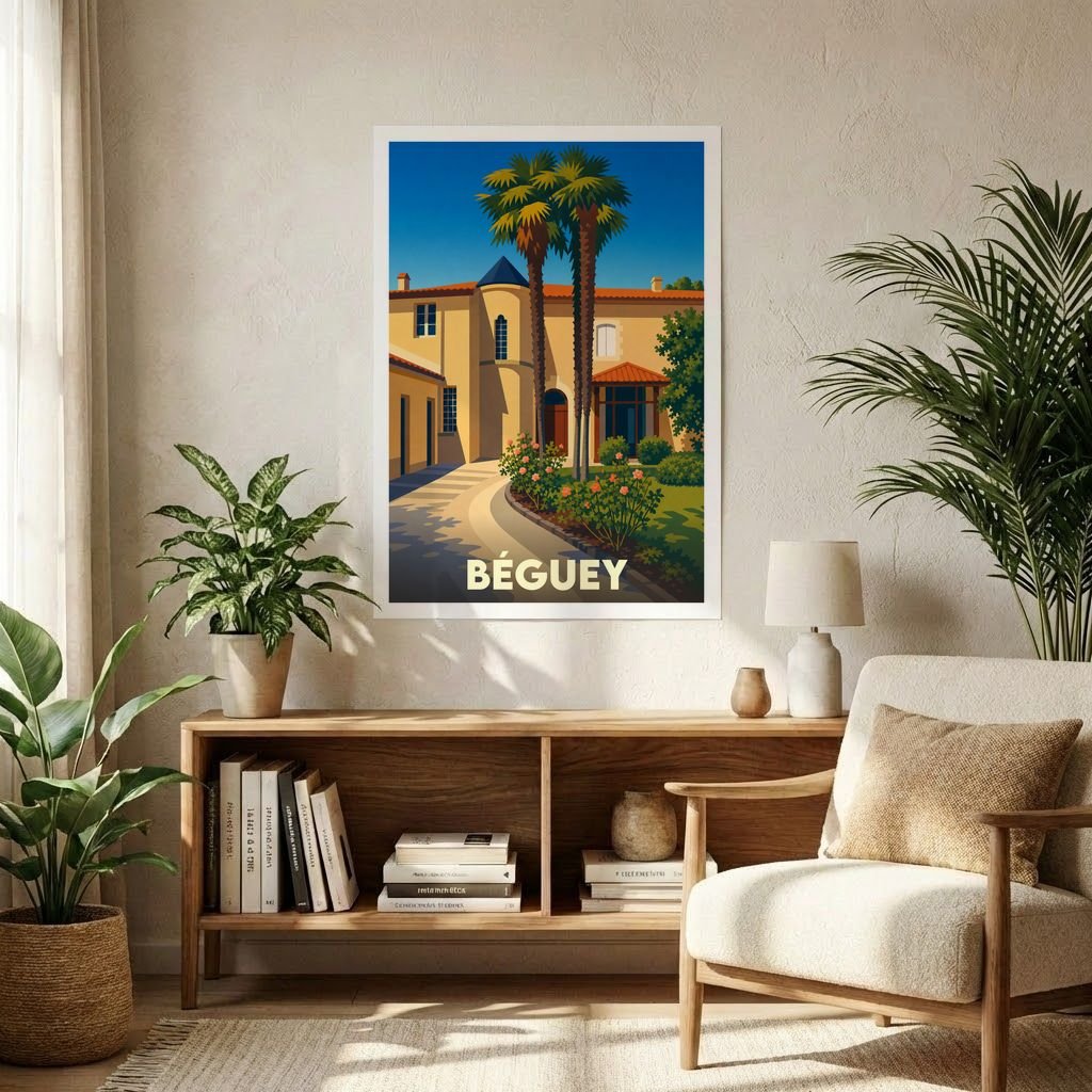 Affiche souvenir de la ville de Béguey représentant une demeure ensoleillée avec des palmiers dans un style rétro.