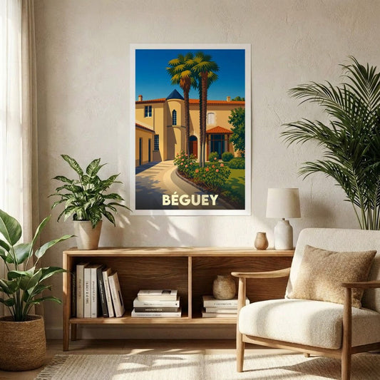 Affiche souvenir de la ville de Béguey représentant une demeure ensoleillée avec des palmiers dans un style rétro.