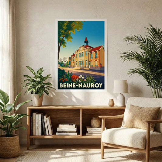 Affiche souvenir de la ville de Beine-Nauroy avec une illustration stylisée de sa mairie.