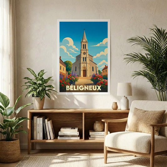 Affiche souvenir de la ville de Béligneux illustrant son église dans un style graphique rétro.