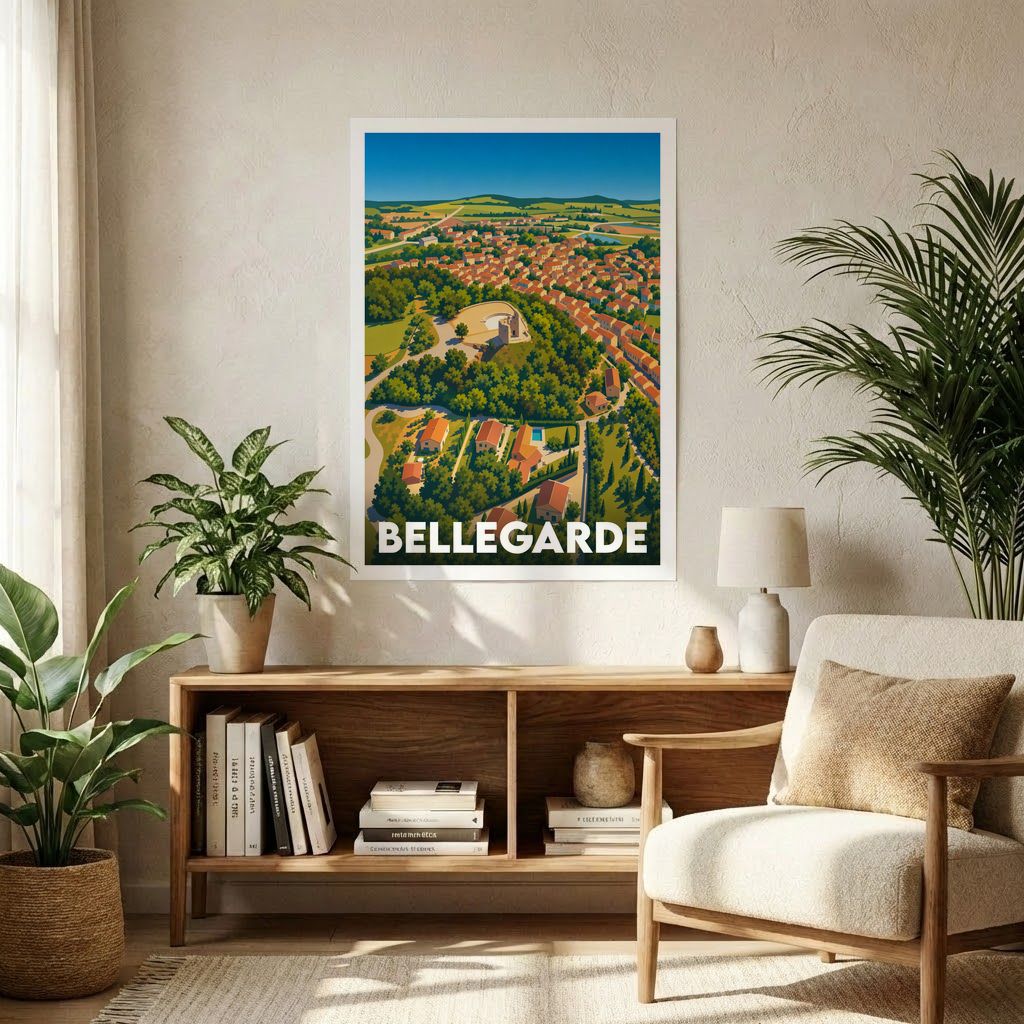 Affiche souvenir de la ville de Bellegarde représentant une vue aérienne illustrée et colorée.