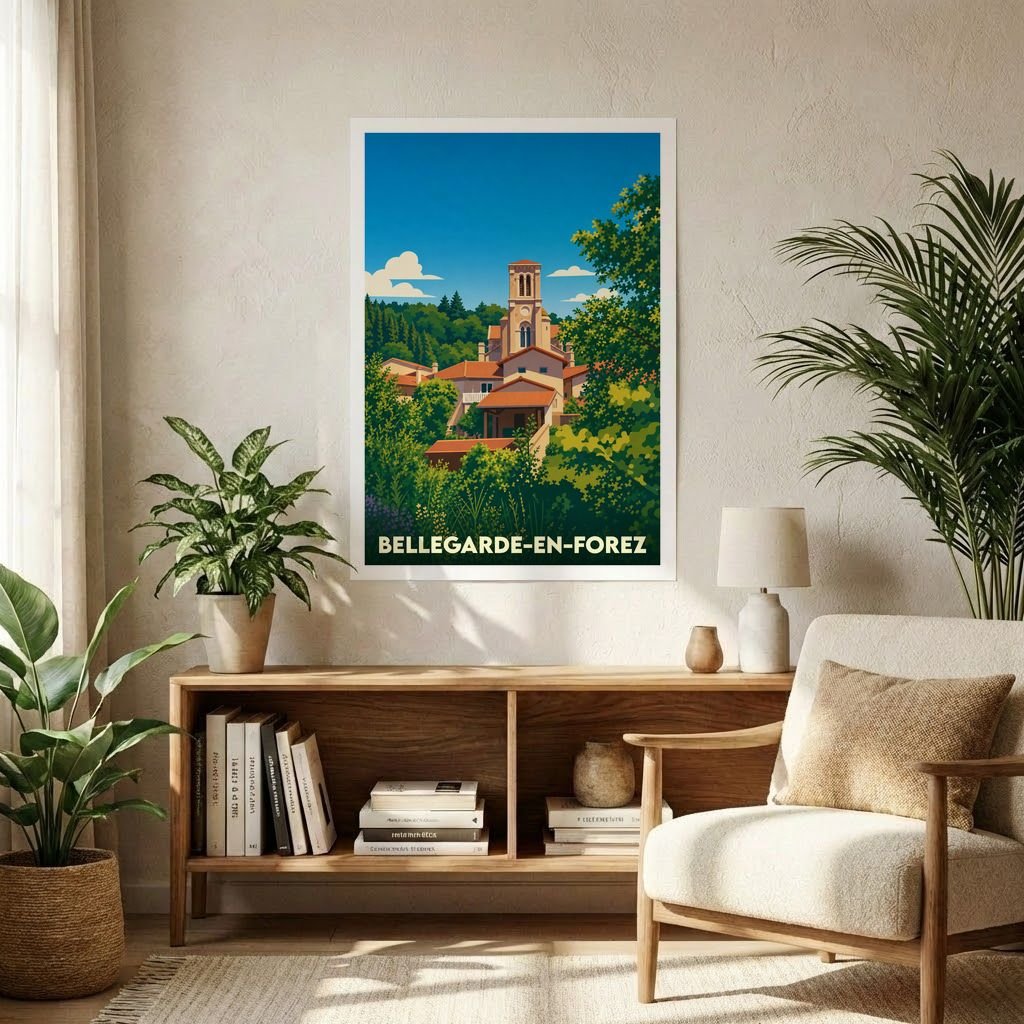 Affiche souvenir de la ville de Bellegarde-en-Forez avec une illustration stylisée.