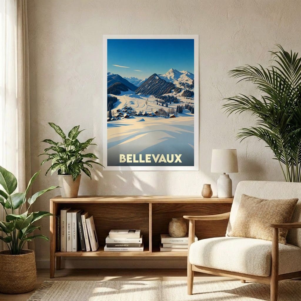 Affiche souvenir de la ville de Bellevaux illustrant un paysage de montagne enneigé avec un style vintage.