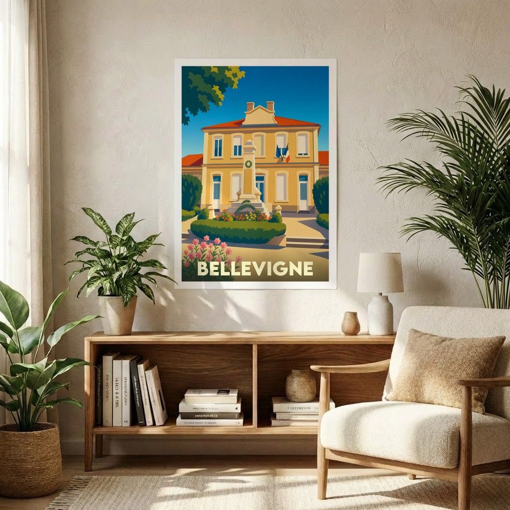 Affiche souvenir de la ville de Bellevigne avec une illustration stylisée d'un bâtiment historique et de ses jardins.