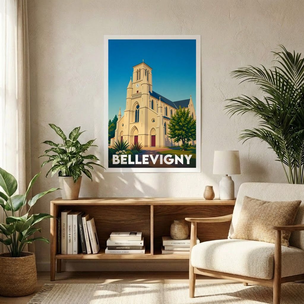 Affiche souvenir de la ville de Bellevigny avec une illustration stylisée d'une église sous un ciel bleu.