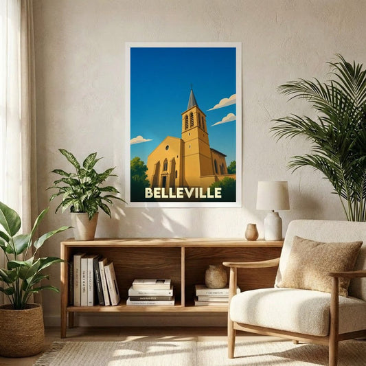 Affiche souvenir de la ville de Belleville représentant une église stylisée sous un ciel bleu.